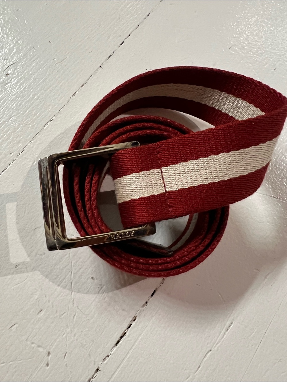 Bally Striped Red and White Fabric Belt with Silver Buckle